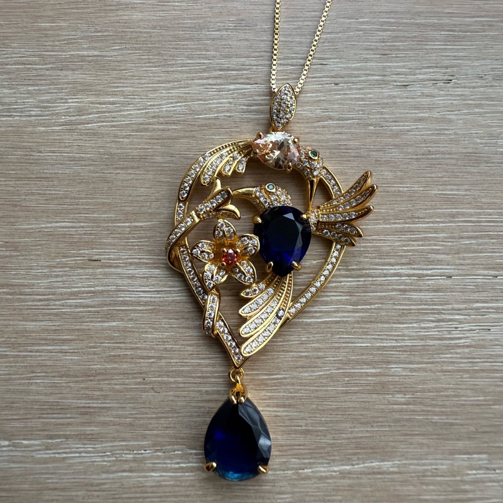 Daniel Steiger Hummingbird Sterling Gold tone and Blue Teardrop Pendant Necklace - Picture 5 of 6